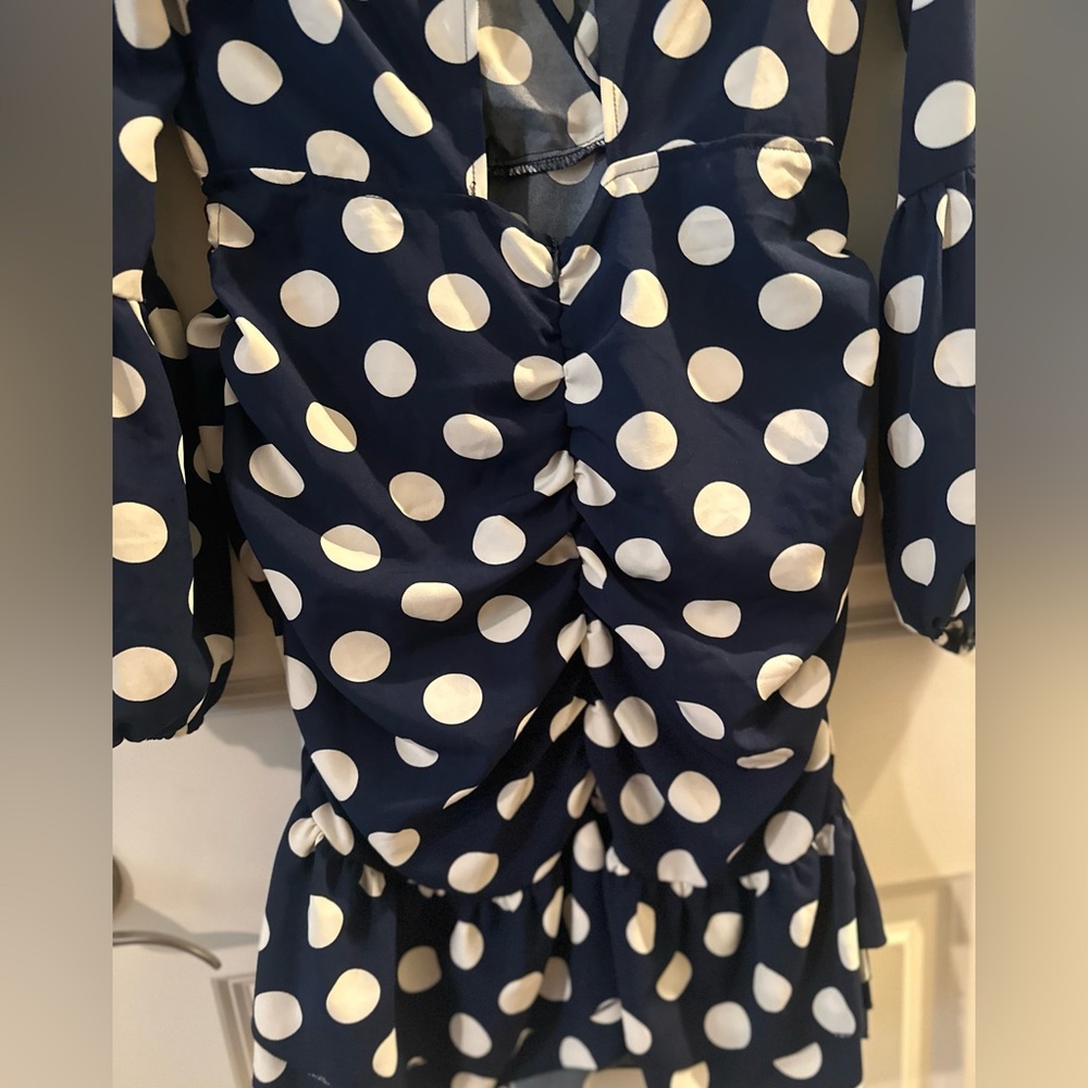 Blue & White Polka Dot Ruffled Dress with Ruching - Picture 10 of 11